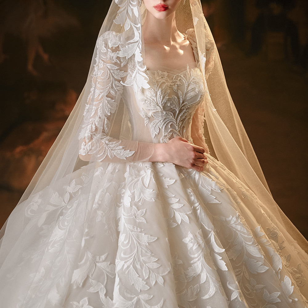 Theresa's Bridal LSMX022 Appliqued flower square collar lace- up ball gown wedding dress.