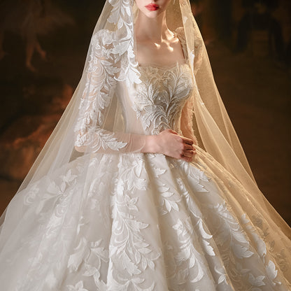 Theresa's Bridal LSMX022 Appliqued flower square collar lace- up ball gown wedding dress.