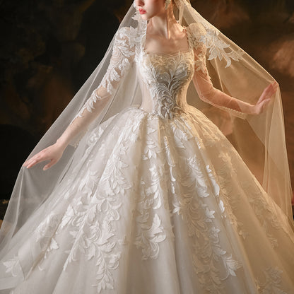 Theresa's Bridal LSMX022 Appliqued flower square collar lace- up ball gown wedding dress.