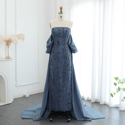 Theresa's Bridal LSZ454 Luxury Blue  strapless Arabic Evening dress with  Cape. Party gown