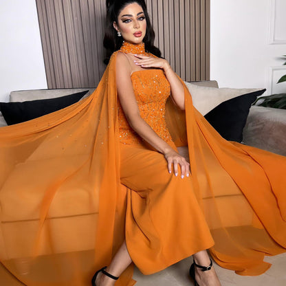 Theresa's Bridal LSZ299 Arabic Orange Strapless evening dress with Cape.