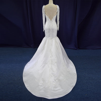 Theresa's Bridal LSFL12 vintage long sleeve satin pearls wedding gown.