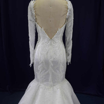 Theresa's Bridal LSFL12 vintage long sleeve satin pearls wedding gown.