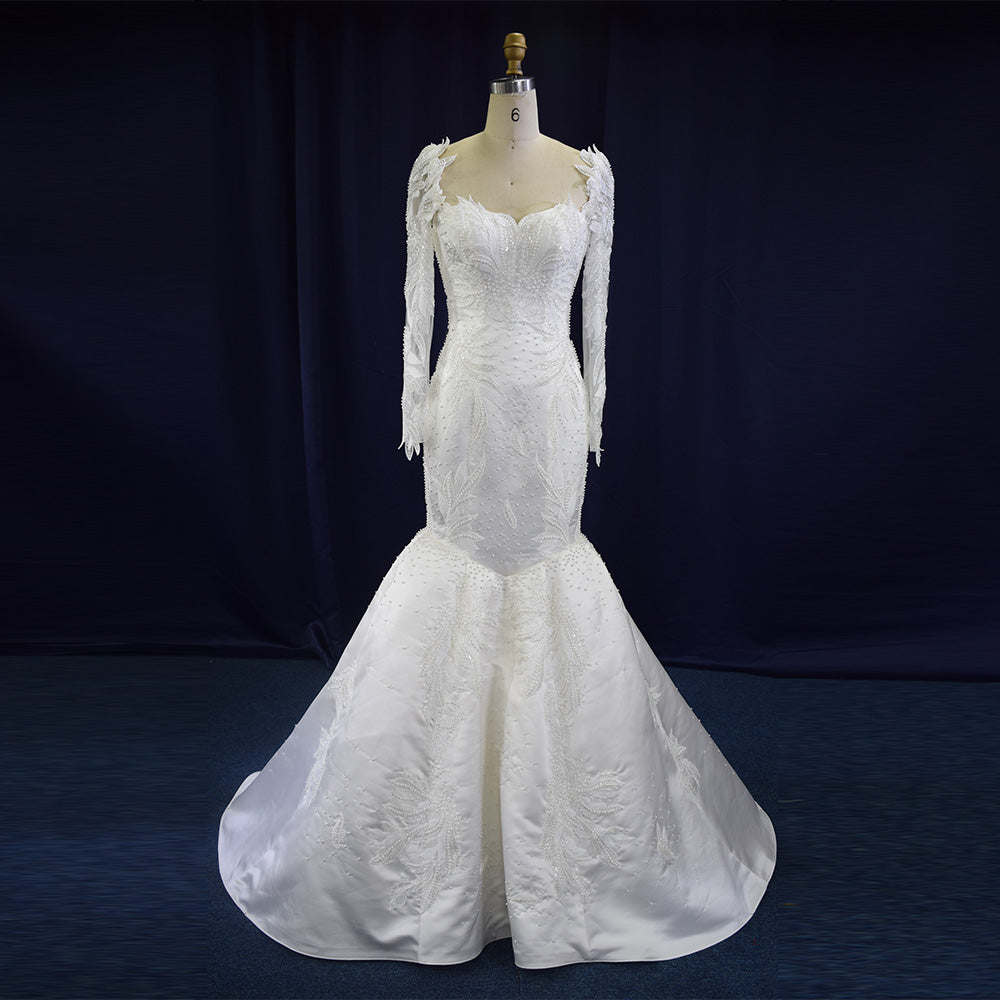 Theresa's Bridal LSFL12 vintage long sleeve satin pearls wedding gown.