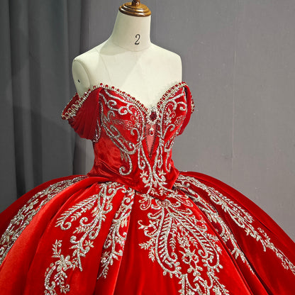 Theresa's Bridal 6755 Traditional Red lace pattern evening ball room gown.