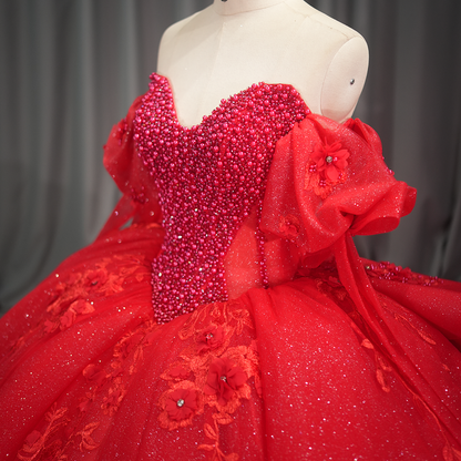 Theresa's Bridal 6795 Red 3D flower pearls evening Debutant Dresses