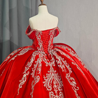 Theresa's Bridal 6755 Traditional Red lace pattern evening ball room gown.