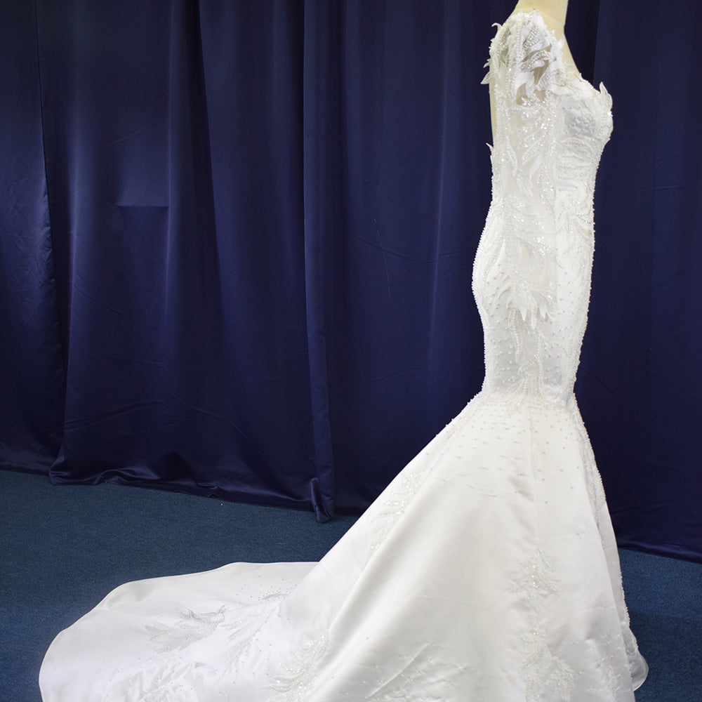 Theresa's Bridal LSFL12 vintage long sleeve satin pearls wedding gown.