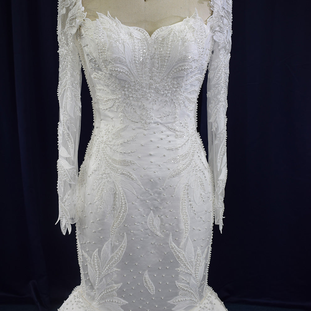 Theresa's Bridal LSFL12 vintage long sleeve satin pearls wedding gown.