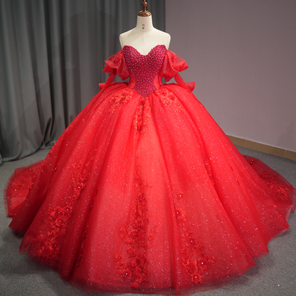 Theresa's Bridal 6795 Red 3D flower pearls evening Debutant Dresses