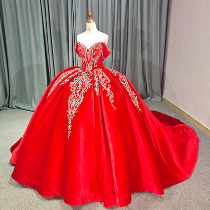 Theresa's Bridal 6755 Traditional Red lace pattern evening ball room gown.