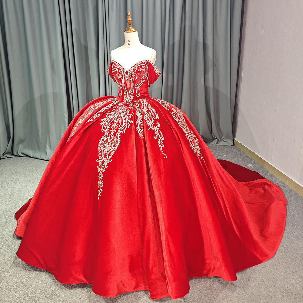 Theresa's Bridal 6755 Traditional Red lace pattern evening ball room gown.