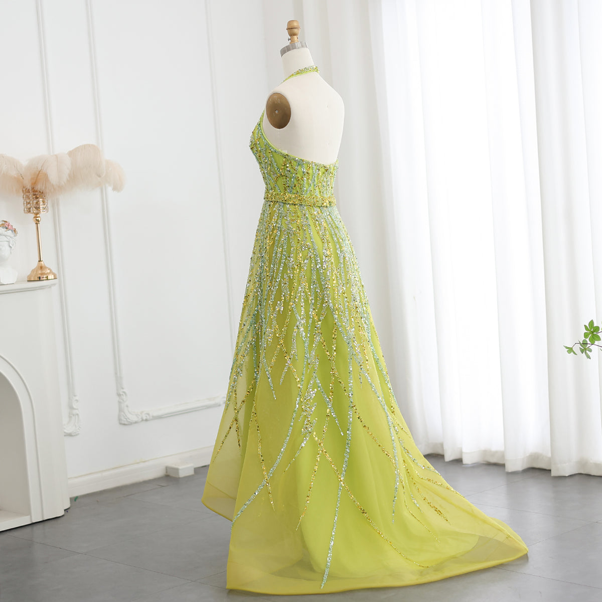 Theresa's Bridal LSZ472 Shiny Green style Halter evening dress