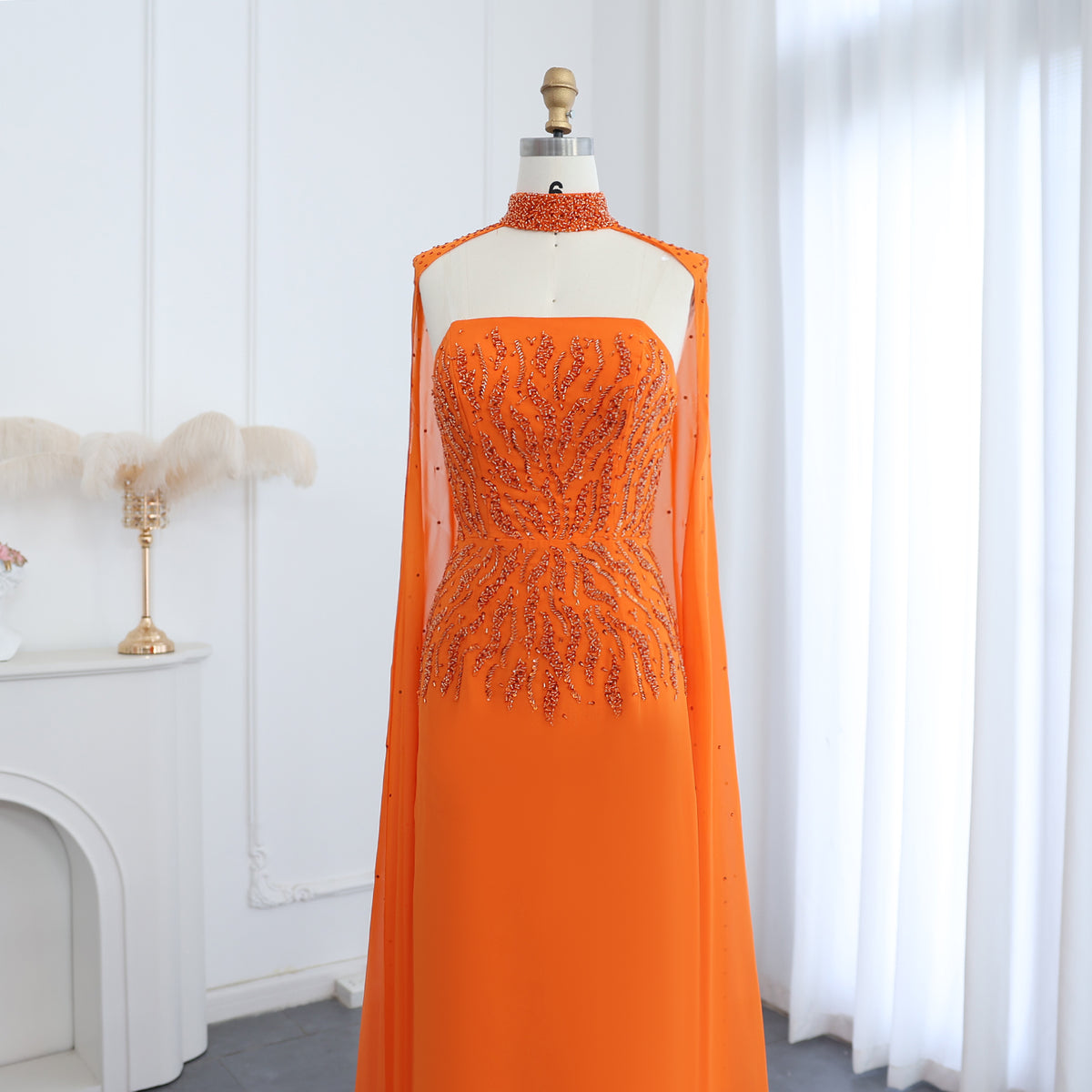 Theresa's Bridal LSZ299 Arabic Orange Strapless evening dress with Cape.